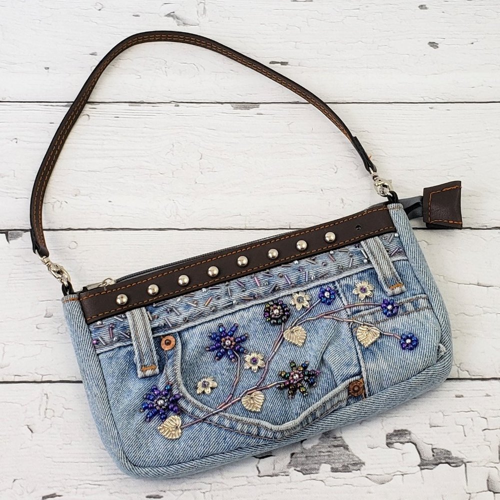 Vintage HAND & HEART Beaded Denim Jean Bag Purse
